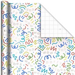 Hallmark - Party Streamers and Squiggles on White Metallic Wrapping Paper Roll, 17.5 sq. ft.