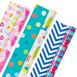 Hallmark - Colorful Kid Birthday 3-Pack Reversible Wrapping Paper, 120 sq. ft. total