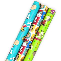 Hallmark - Peanuts Party Fun 3-Pack Assorted Wrapping Paper Roll Bundle, 60 sq. ft. total