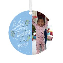 Hallmark - Baby's First Christmas Round Metal Personalized Ornament, Custom Vertical Photo and Text