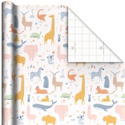 Hallmark - Cute Animal Collage on White Tall Wrapping Paper Roll, 35 sq. ft.