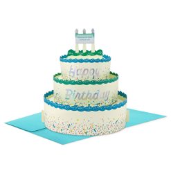 Hallmark - Blue and Green Confetti Cake Pick-a-Number Customizable Pop-Up Birthday Card