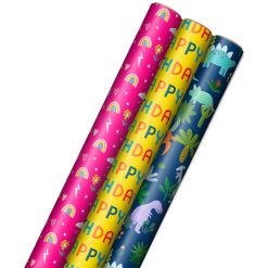 Hallmark - Rainbows, Dinos and Happy Wishes 3-Pack Wrapping Paper Roll Bundle, 75 sq. ft. total
