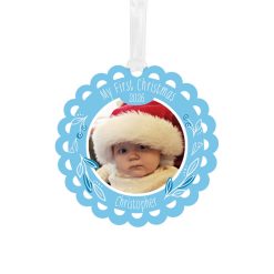Hallmark - Baby's First Christmas Blue Scalloped Metal Personalized Ornament, Custom Photo and Text