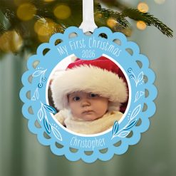 Alternative view of Hallmark - Baby's First Christmas Blue Scalloped Metal Personalized Ornament, Custom Photo and Text