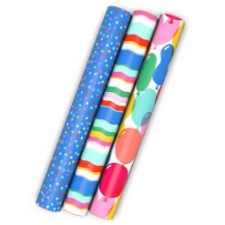 Hallmark - Stripes, Balloons and Dots 3-Pack Wrapping Paper Mini Roll Bundle, 60 sq. ft. total