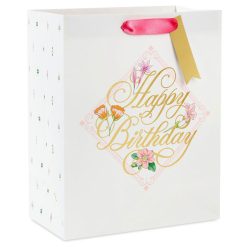 Hallmark - 9.6" Gold Script on Floral Medium Birthday Gift Bag