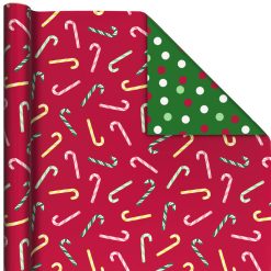 Hallmark - Candy Canes on Red/Dots on Green Christmas Reversible Wrapping Paper Roll, 30 sq. ft.