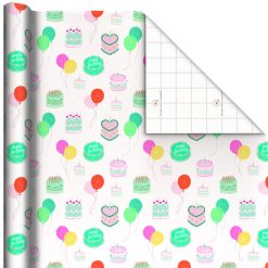 Hallmark - Colorful Birthday Cakes on White Wrapping Paper Roll, 20 sq. ft.