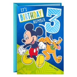 Hallmark - Disney Mickey Mouse and Pluto Third Birthday Card for Kid With Sticker