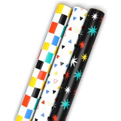 Hallmark - Colorful Shapes 3-Pack Assorted Wrapping Paper Mini Roll Bundle, 45 sq. ft. total